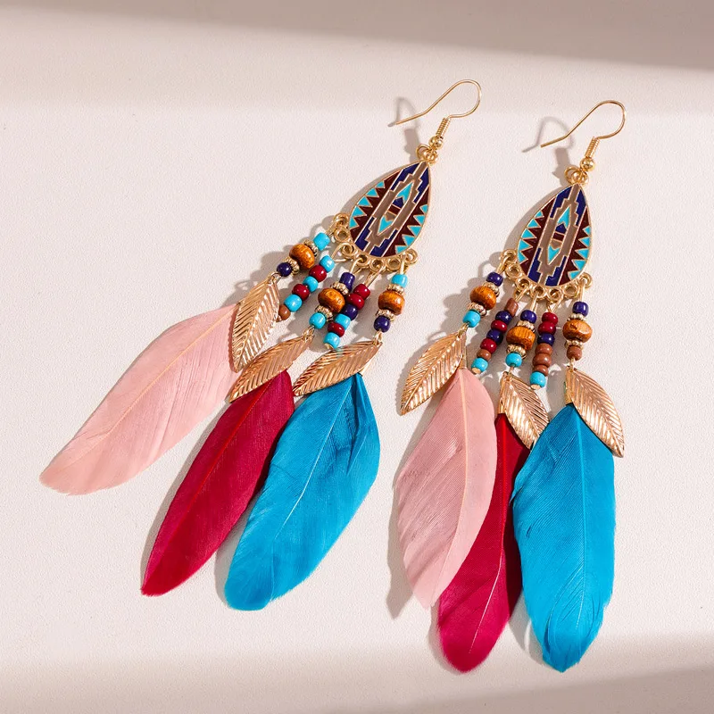 Kymyad Vintage Ethnic Women's Earrings Colorful Feather Tassel Pendant Drop Long Earrings Fashion Jewelry