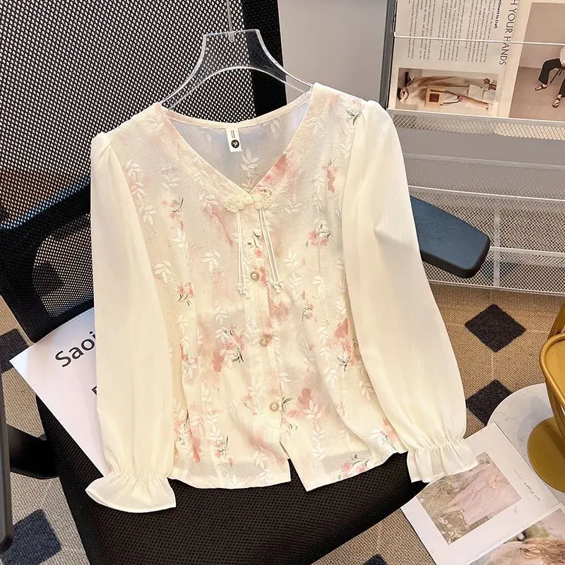 

Spring and Summer New Chinese Style Collarless Button Floral Long Sleeve Chiffon Blouse Women V-neck Elegant Design Top