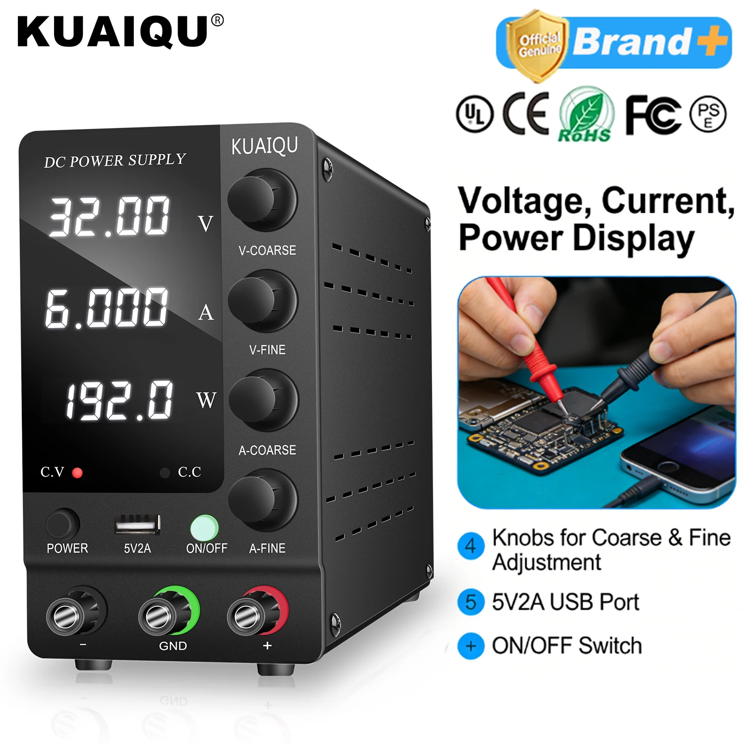 KUAIQU SPS-C3206 32V 6A DC Labor-Netzteil, einstellbar für Telefonreparatur, 30V 10A geregelte Stromquelle, 60V 120V USB-Port-Ausgang