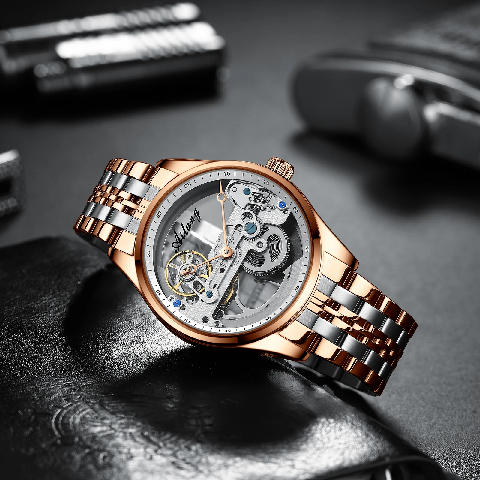 AILANG Brand New Luxury Fashion Steampunk Hollow Men's Sports Stainless Steel Waterproof Skull Tourbillon Mechanical Watch