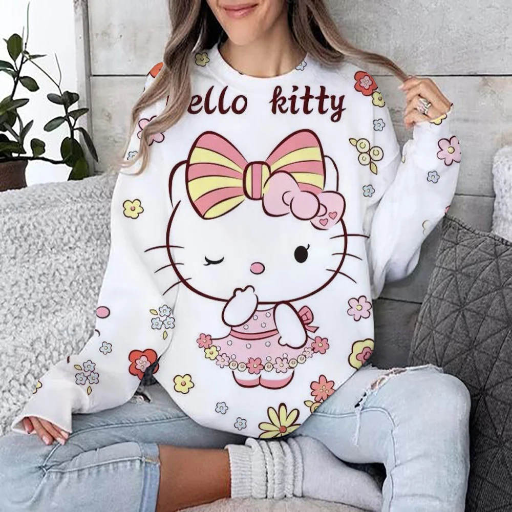 Autumn Fun Print Long Sleeve Top 2024 New Cartoon Disney Cute Hello Kitty Ladies Sweatshirt Crew Neck Loose Pullover