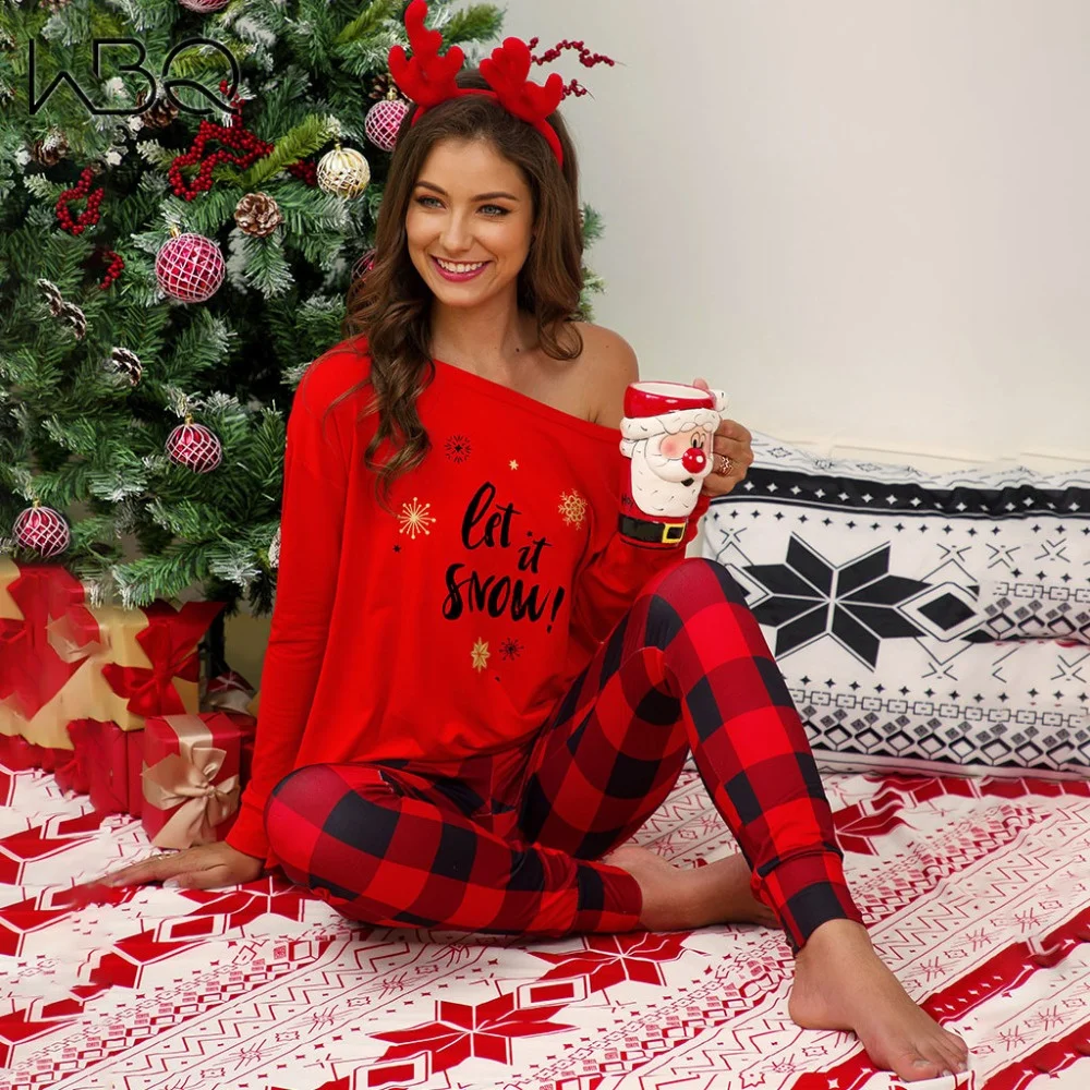 2PCS Set Christmas Women Pajama Sets Printed Long sleeve Loose T shirt Top And Plaid Pants Suit Women Casual Home Clothes