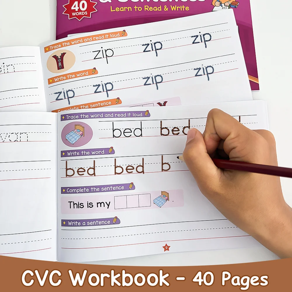 Libro de Práctica de Ortografía de Palabras CVC para Niños, Ejercicios de Caligrafía y Reconocimiento de Palabras para el Aula
