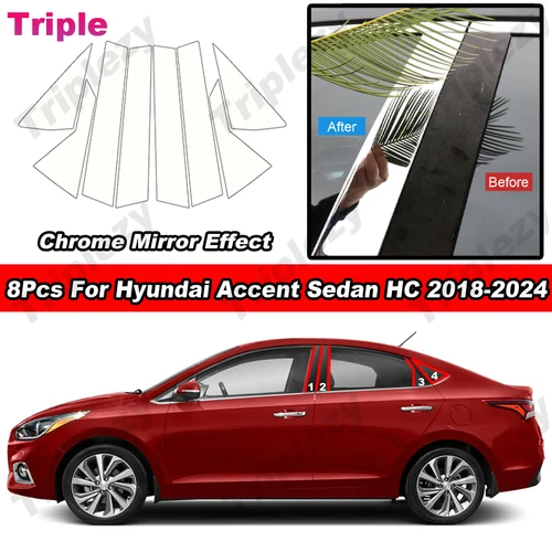 8 Uds. De adornos de poste de pilar B C cromado brillante, pegatinas de cubierta de ventana, Material de PC, efecto espejo para Hyundai Accent Sedan HC 2018-2024