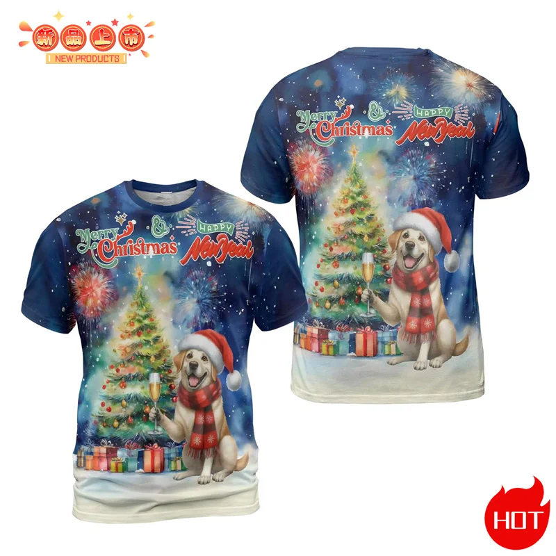 2025 Happy New Year Festival 3D Print T Shirt Colorful Firework Dog Lovers Graphic T-shirts Women Funny Tee Shirts Mens Clothing