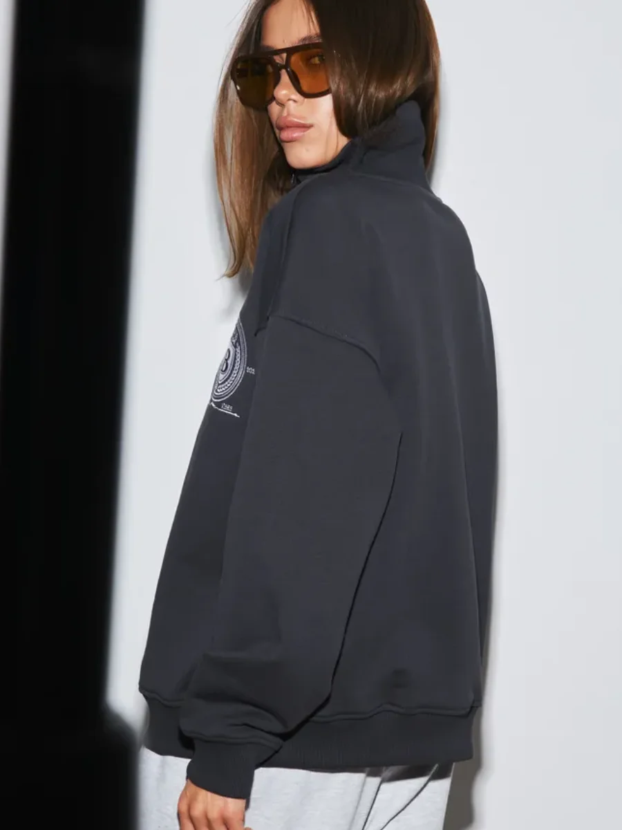 Bluza z klapą zapinaną na zamek, w stylu retro, z nadrukiem odznaki, z długim rękawem, luźna, sportowa, idealna dla studentów, na jesień i zimę.