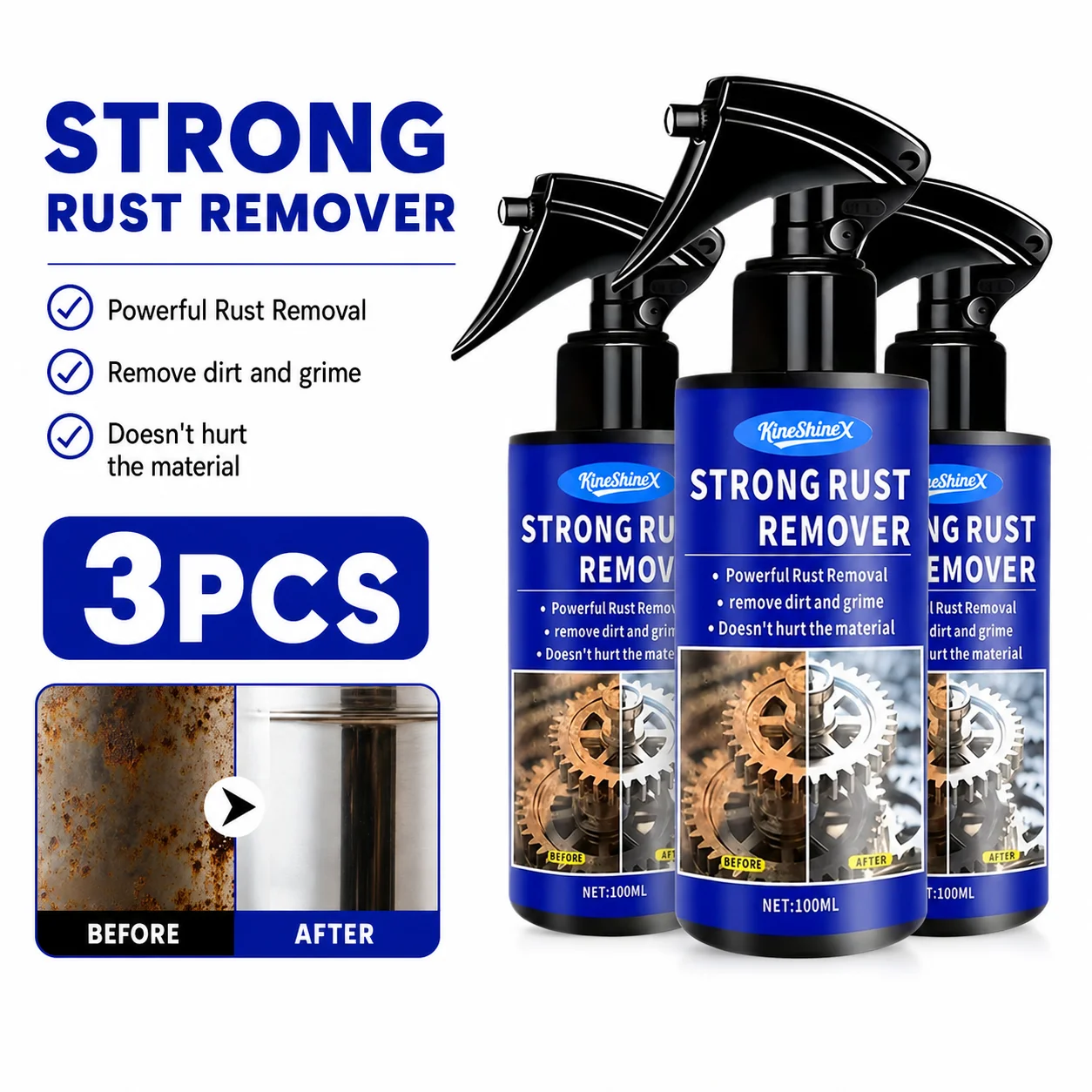 Iron Rust Remover Spray for Car Home Cookware Metal Fast Dissolve Rust Stains Protective Layer Multi Purpose Cleaner