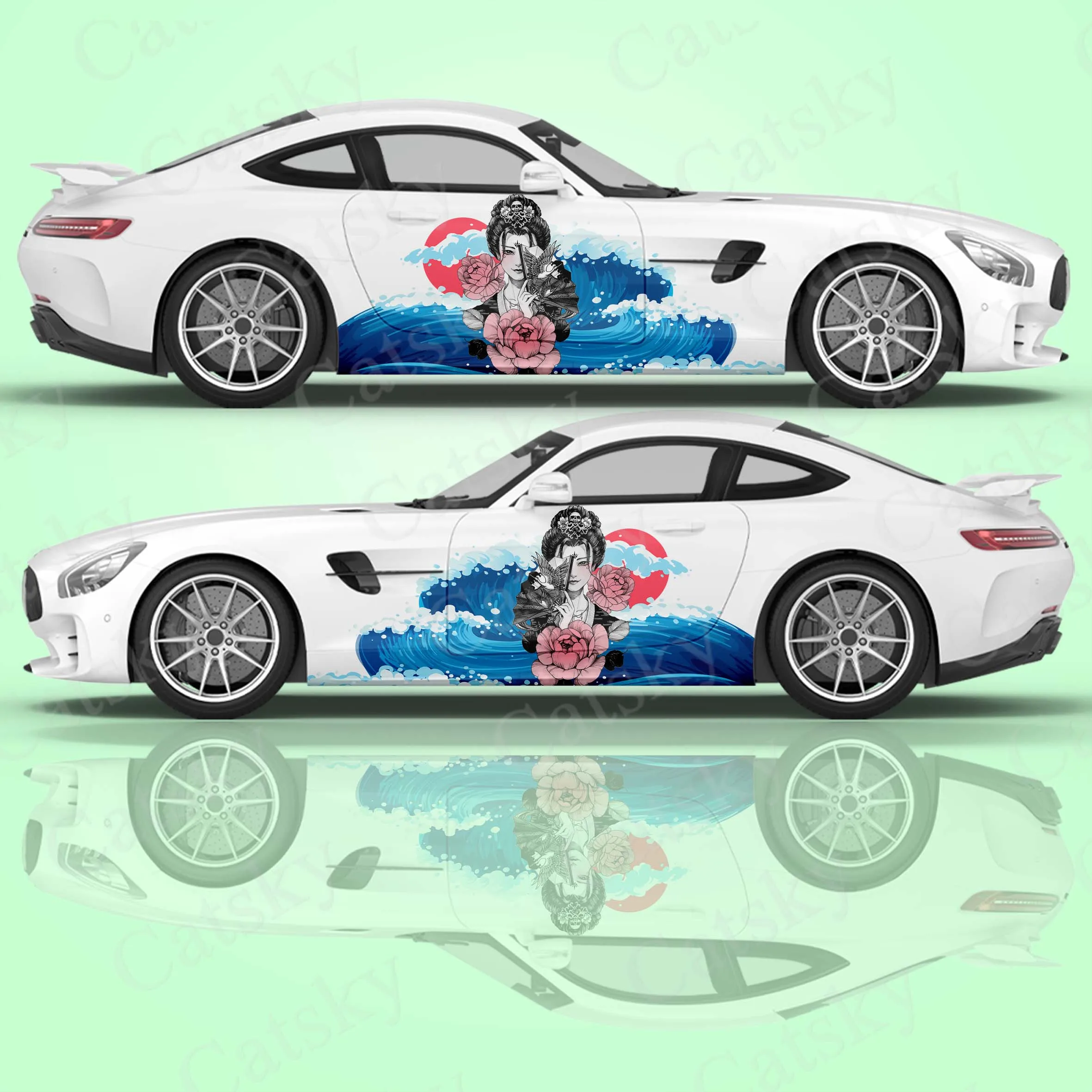 Sea Wave Art Car Sticker Japanese Girl Side Car Wrap Vehicle Side Graphic Pattern DIY Color Car Wrap Side Decal