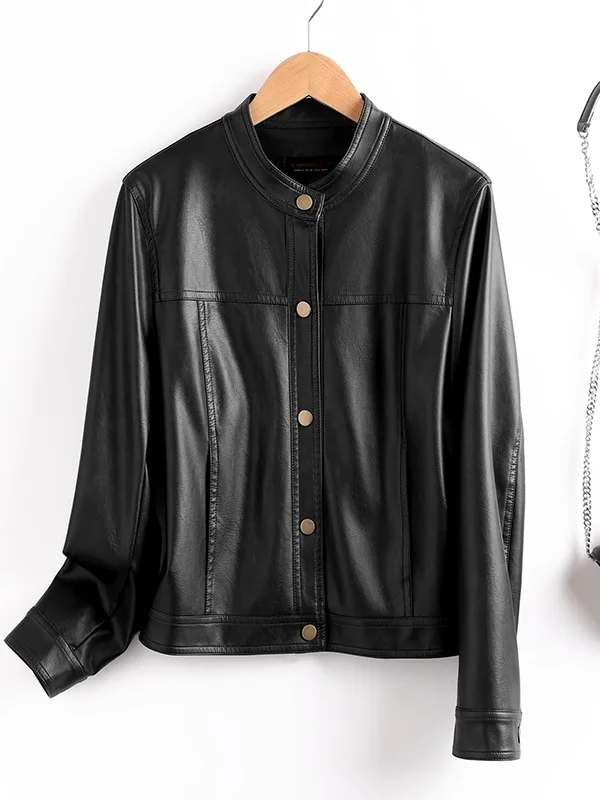 Kurtka motocyklowa damska ze skóry naturalnej na wiosnę 2025, skóra bydlęca, krój regularny, dojazdy do pracy, długa, okrągły dekolt, pojedyncza...