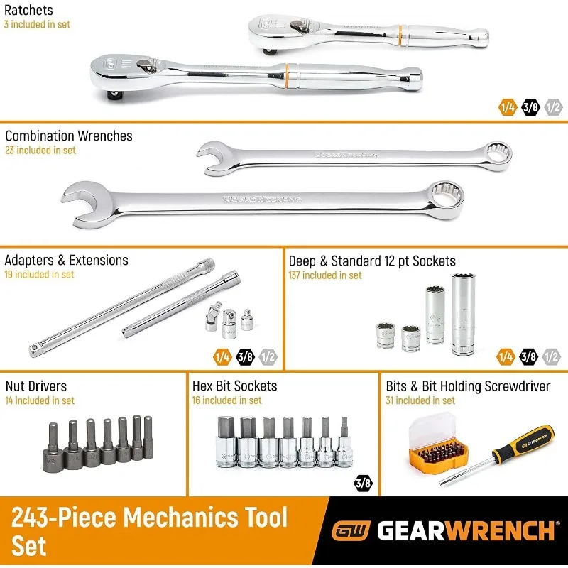 243 Pc. 12 Pt. Mechanics Tool Set in 3 Drawer Storage Box - 80972