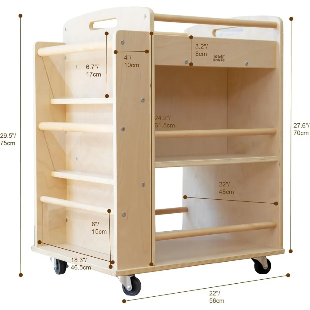 عربة فنية متنقلة متعددة الطبقات للأطفال - مساحة تخزين مصنوعة من خشب البتولا بعجلات