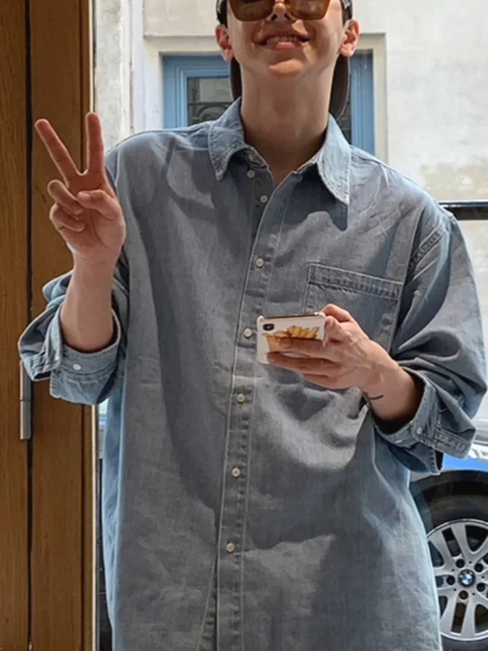 

Повседневная классическая джинсовая рубашка с длинным рукавом, свободного кроя, в американском стиле, для весны и осени, мужская.