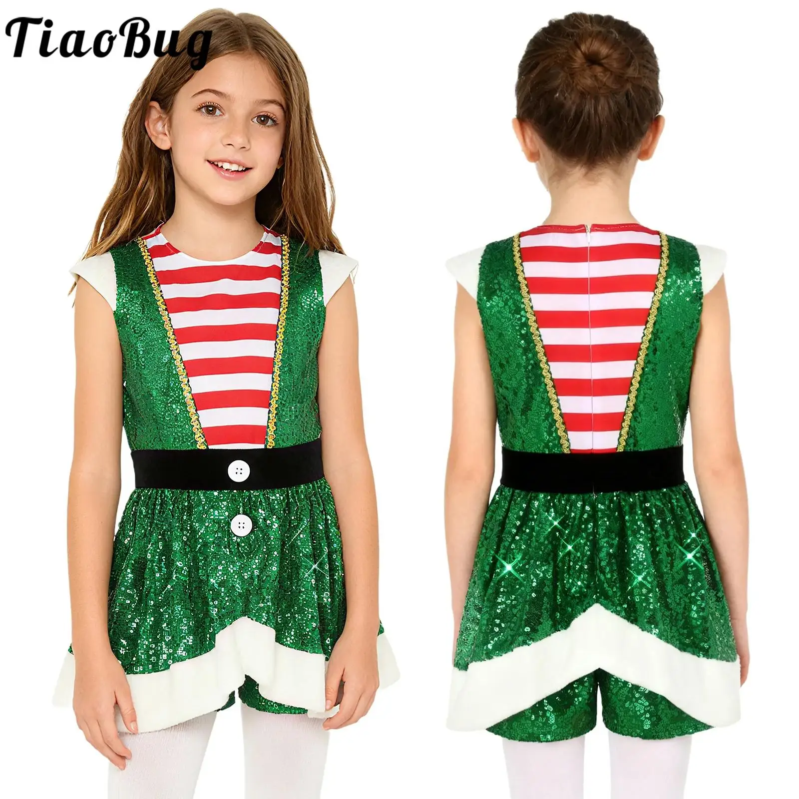 

Girls Christmas Candy Cane Stripe Jumpsuit Dance Costume Sparkly Sequins Cap Sleeve Waist Ruffled Overlay Leotard Carnival Party