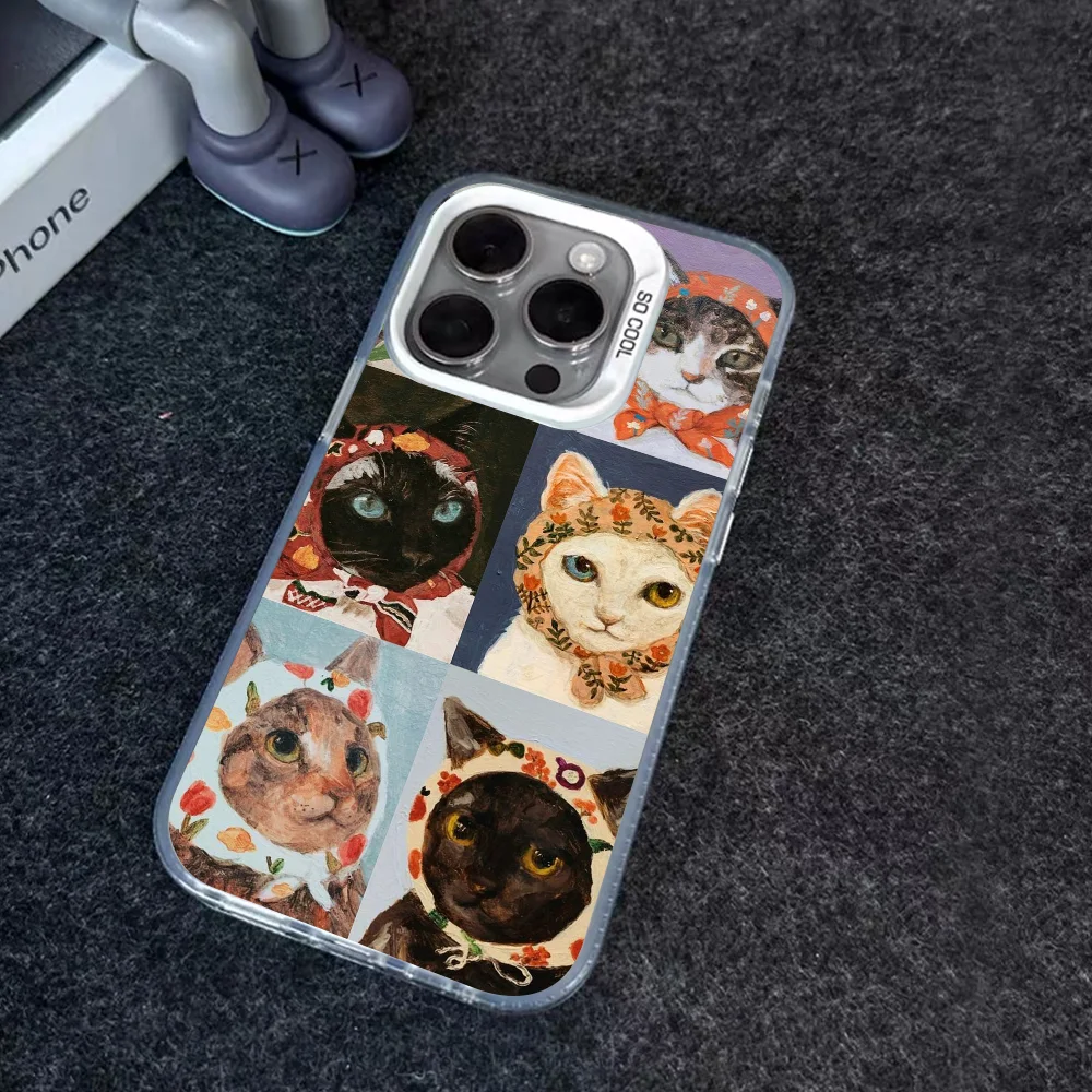 Cute Cat Art Illustration Phone Case IMD Color Silver Shell For IPhone 16 15 14 13 12 Pro Max Plus