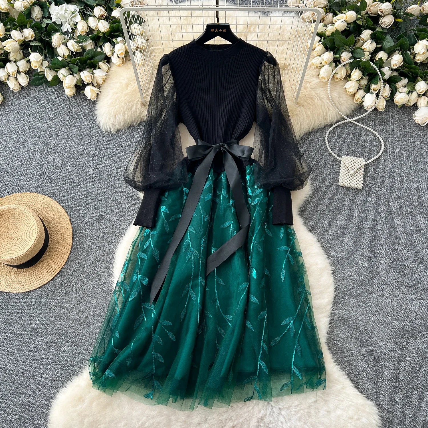 Retro Elegant Knit Patchwork Mesh Dress Sets Sexy Fairy Puff Sleeve Summer Casual Vestidos Slim Women Evening Party Dress