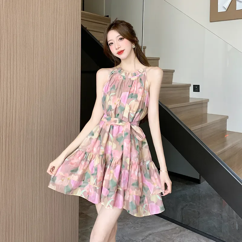 فستان نسائي صيفي بدون أكمام مكشكش برباط فستان زهري للنساء عاري الكتفين على شكل حرف a فستان مثير للحفلات