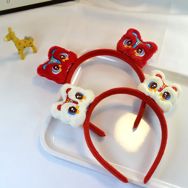 2024 Happy New Year Red Headband Chinese Cartoon Party Headwear Embroidered Hair Hoops Lion Dance Plush Hair Accessories