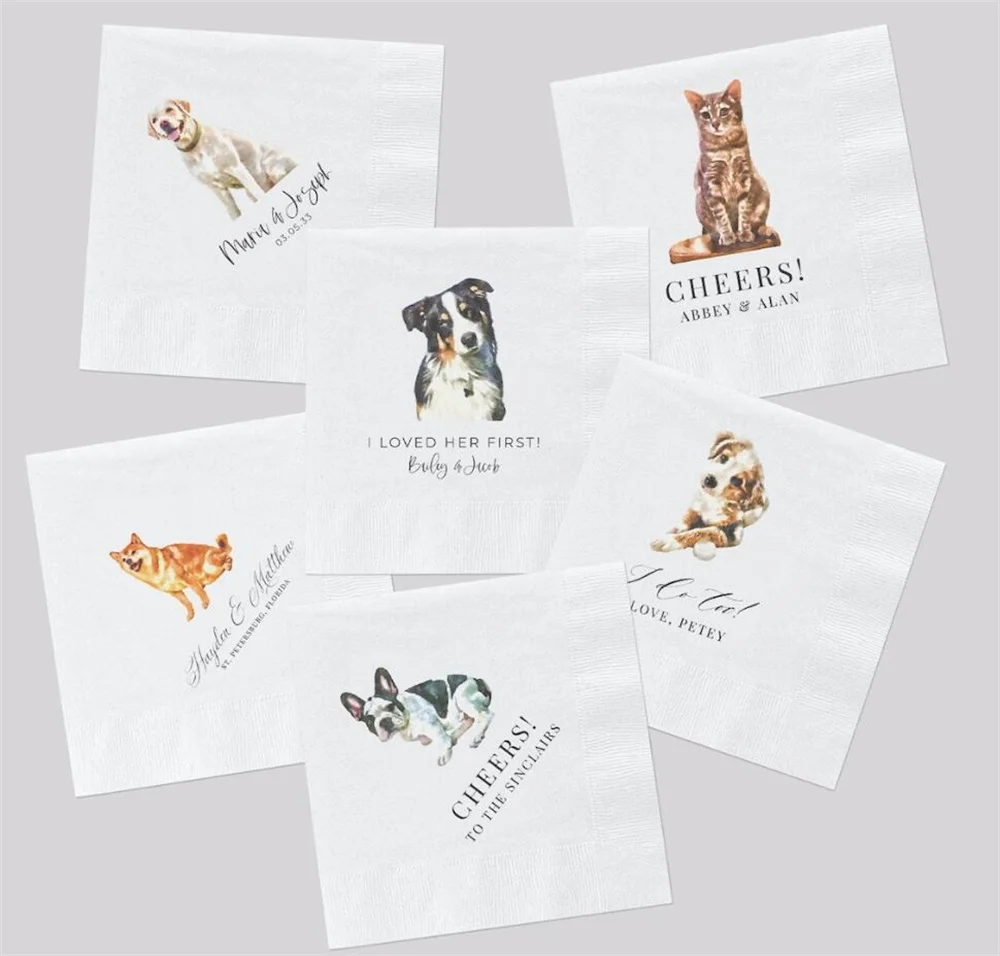 

50pcs Full Color Personalized Pet Wedding Cocktail Napkins, Custom Dog Cocktail Napkins Wedding, Couple Monogram Wedding