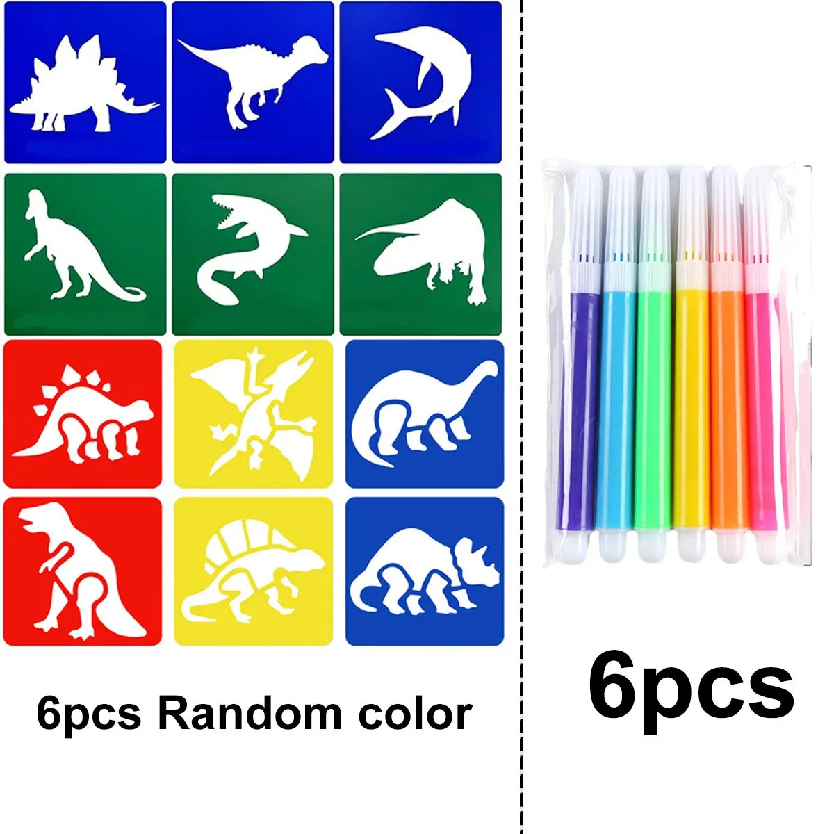 6Pcs Dinosaur Painting Stencils with 6Pcs Mini Markers Washable Plastic Template Set DIY Art Craft for Classroom  ZSY