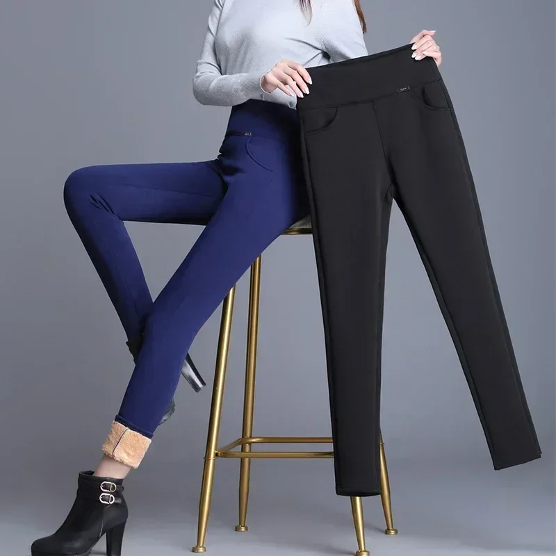 

2024 Winter High Waisted Outerwear Casual Warm Trousers Office-lady Thickened Leggings Ladies High Strecth Pants 29644