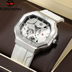 2024 FORSINING Square Skeleton Mechanical Genuine Men Watch Automatic Movement Clock White Sports Waterproof Luxury Male Watches