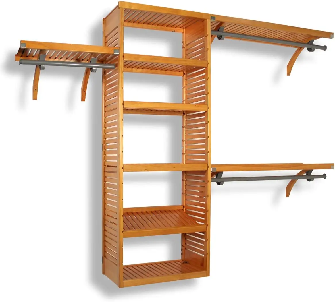 Wood Closet Organizer System with Shelves & Hanging Rods - Wall Mounted Walk-in Wardrobe