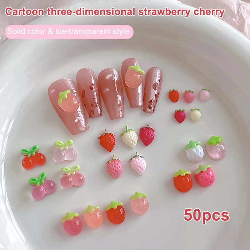 

50PCS Creative Kawaii Jelly Strawberry Cherry Nail Charms Ice Transparent Colorful Strawberry Resin Nail Art Decorations DIY