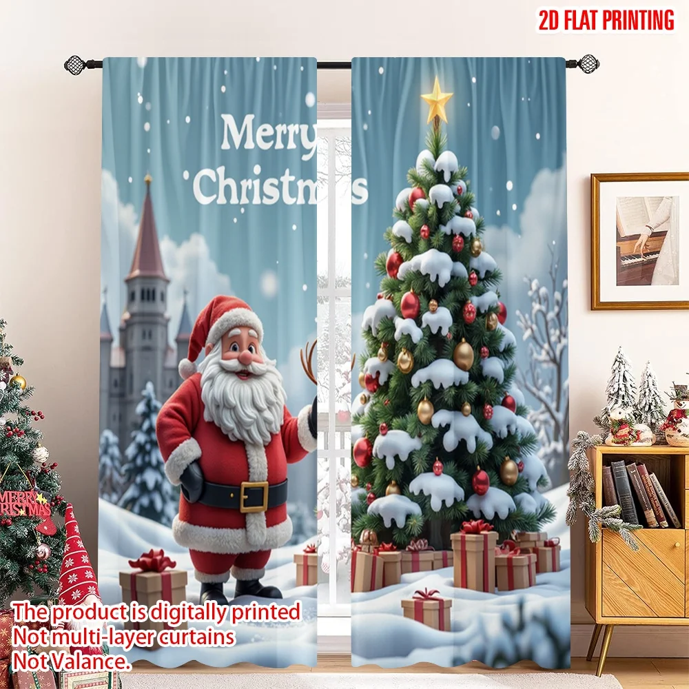 

2pcs 2D flat printing Christmas Curtain Merry Christmas Santa Claus Gifts_a Polyester Without Electricity Festive Wall Decor