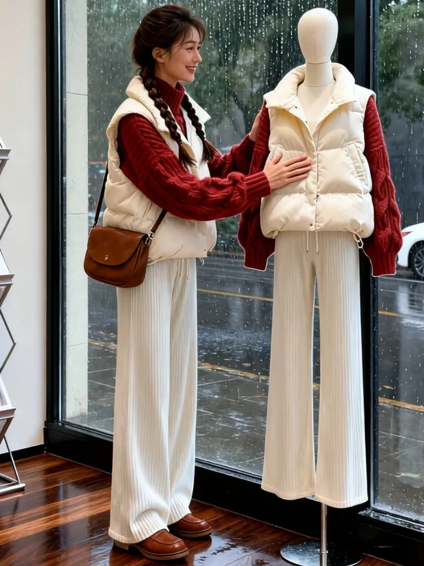 حجم كبير الخريف الشتاء مجموعة المرأة لطيف Sle الأحمر محبوك سترة القطن Jaet سترة Fce اصطف سراويل تقليدية المحملة قطعة...