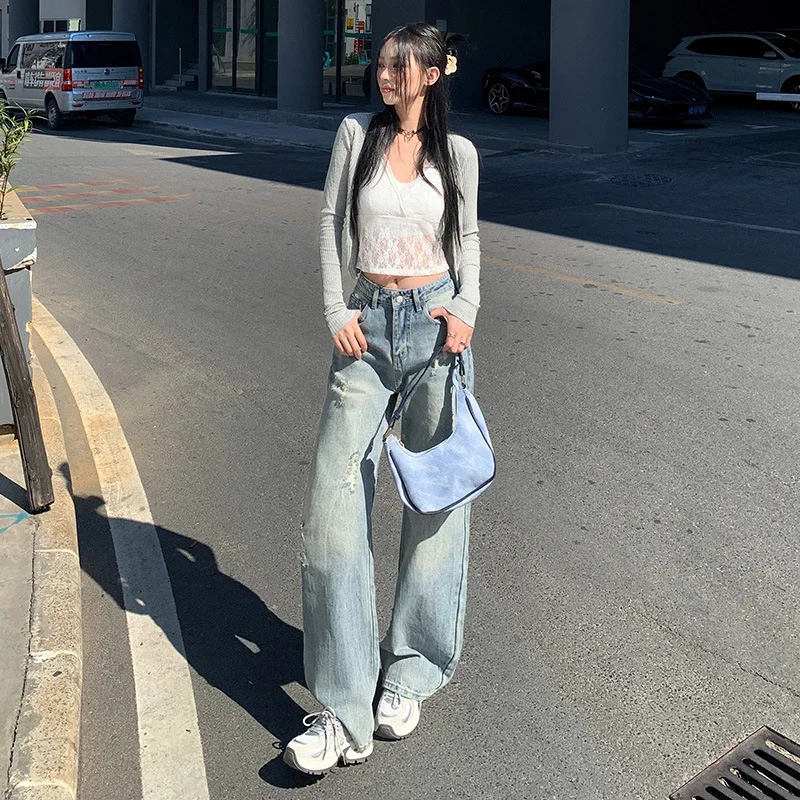 Ripped Flower Basic Super Soft Washing Water Light Blue Jeans Women's Straight Mopping Wide-leg Pants