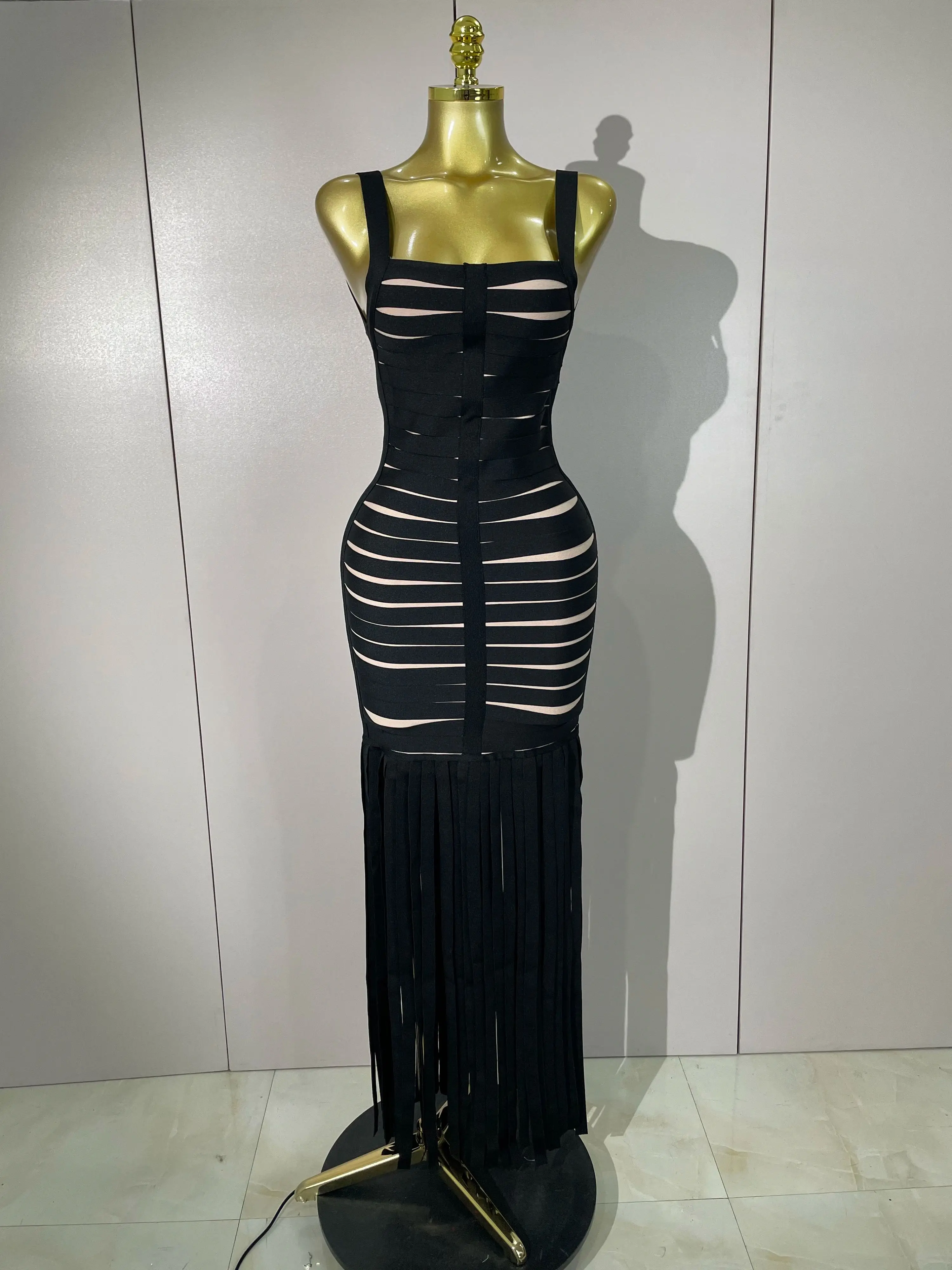 Alta qualidade preto halter quadrado pescoço borla bandage vestido elegante feminino festa de noite baile de aniversário moda clube cocktail vestido