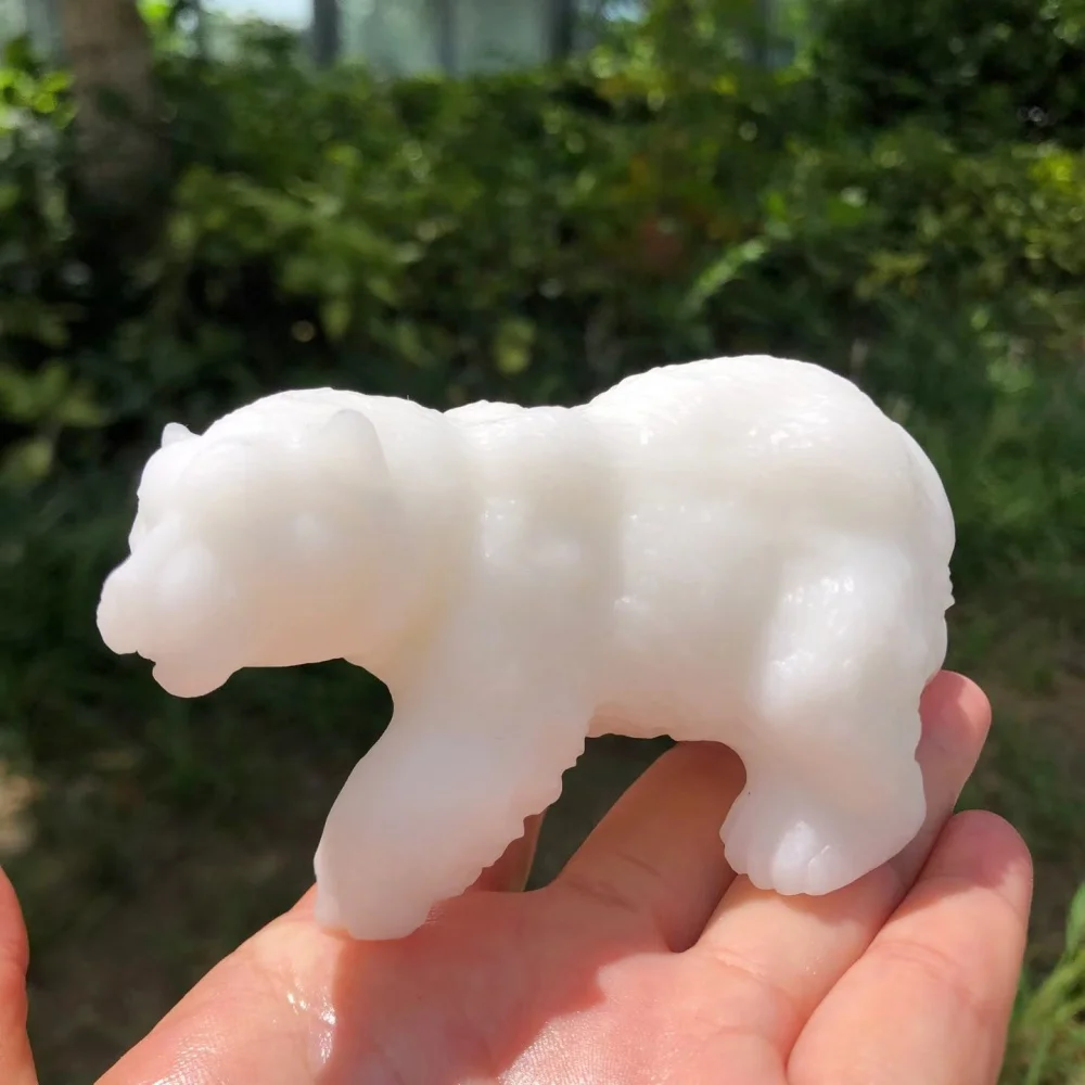 11cm Natural White Jade Polar Bear Statue Crystal Bear Figurine Healing Gemstone Animal Sculpture Home Desktop Decor Gift