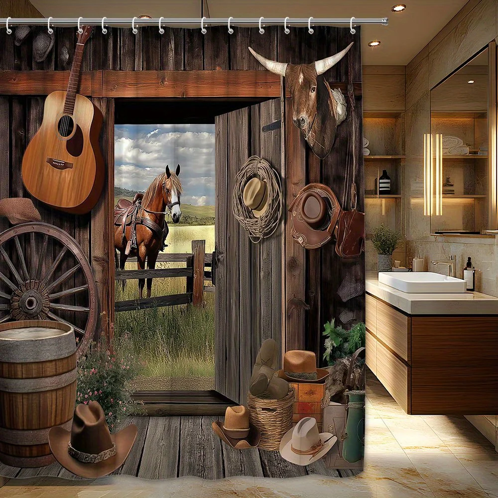 Rustic Western Cowboy Shower Curtain Bathroom Decor Barn Farmhouse Style Waterproof 180x180cm