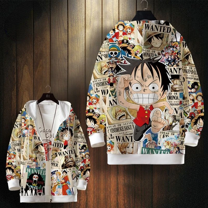 One Piece Creative Cool Luffy Anime Peripheral Cardigan Sweater Jacket Plus Velvet Warm Large Size Personalized Hooded Top Gift