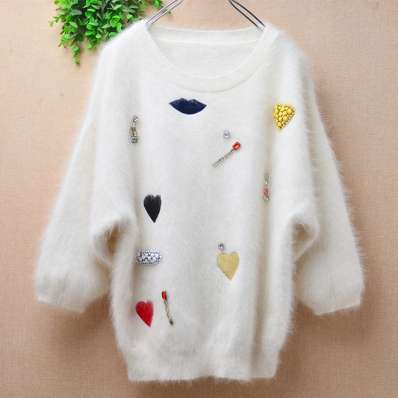 

04 Ladies Women Fall Winter White Hairy Beading Angora Rabbit Hair Knitted O-Neck Three Quarter Sleeves Loose Pullover Sweater