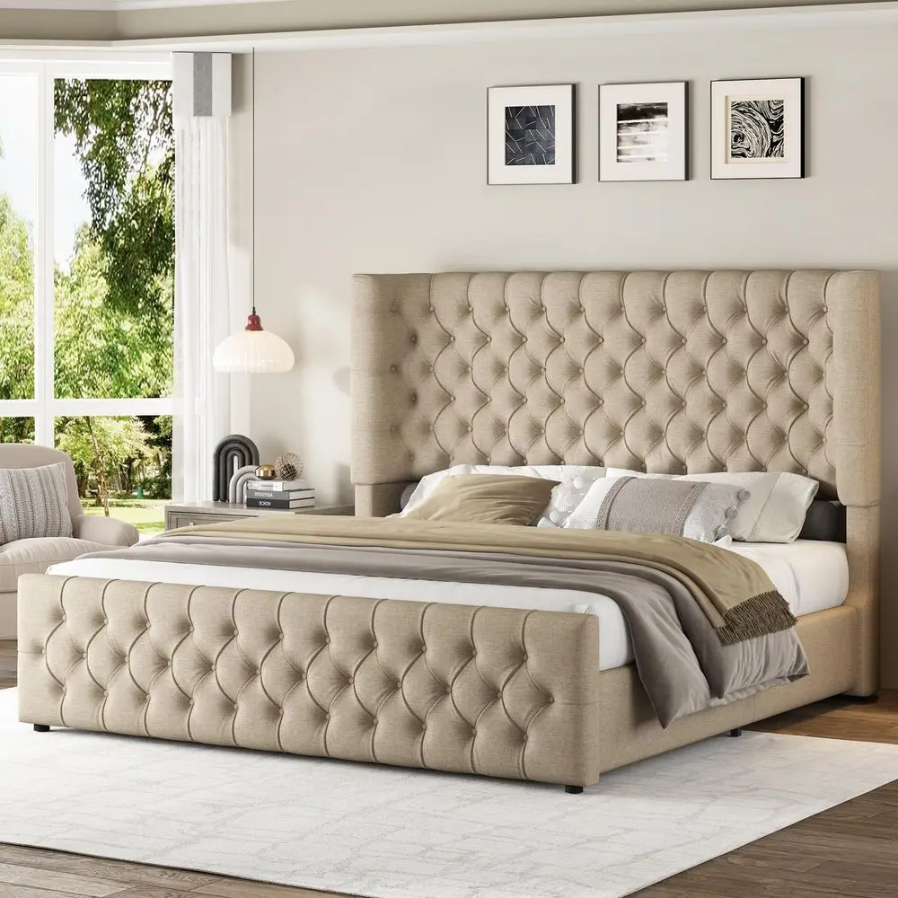 

King Size Platform Bed Frame, 6.3 Thick holstered Curved Wingback Headboard and Footboard with Deep Button Tufted, Easy Assem