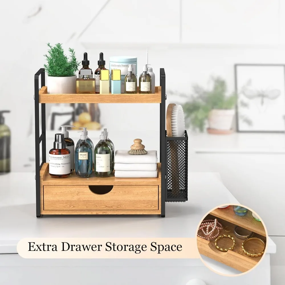 منظم حمام خشبي بطبقتين مع درج وسلال، تخزين متعدد الأغراض للمكياج والعناية بالبشرة #4