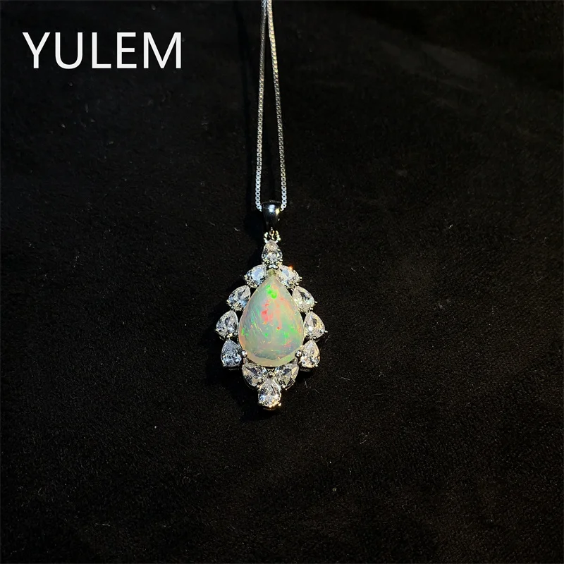 YULEM 925 Sterling Silver Teardrop Opal Gemstone Pendant Necklace Opal With Elegant Fine Jewelry For Women Holiday Present