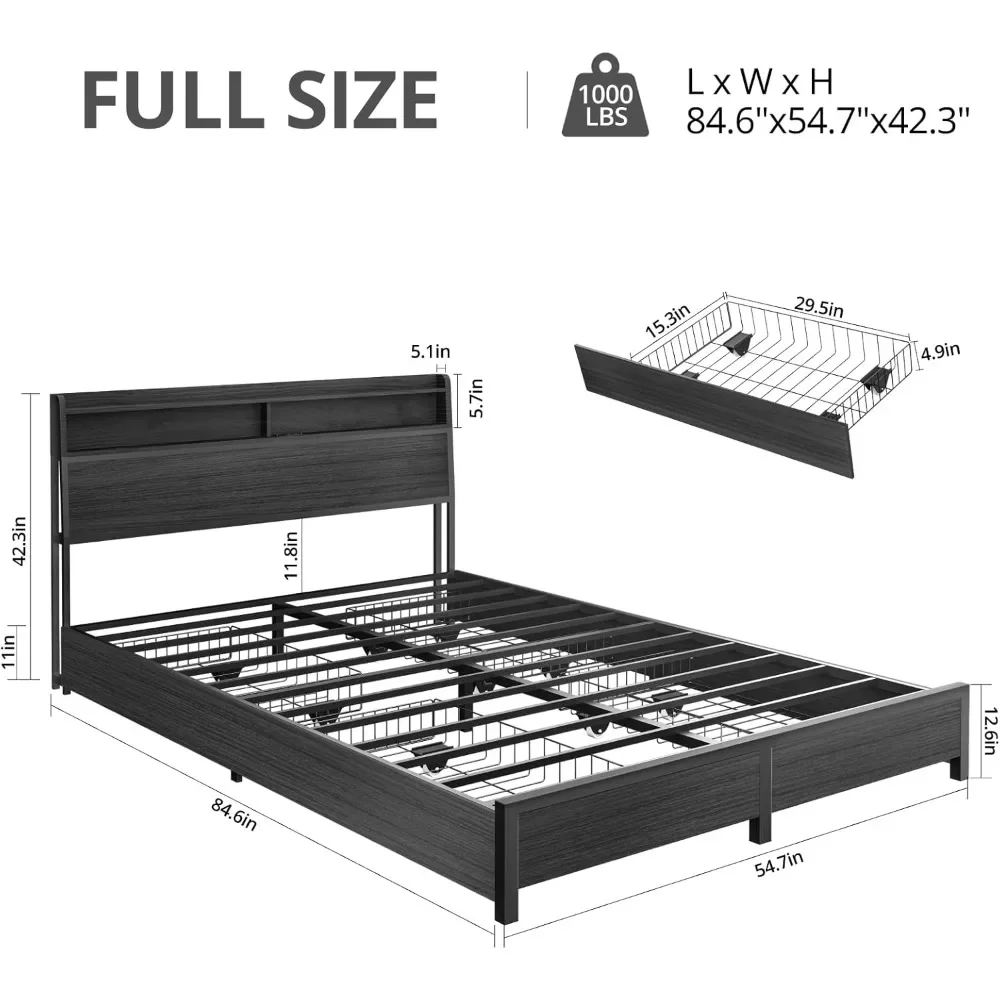 Estructura de cama con cabecera de almacenamiento y 4 cajones, estructura de cama con plataforma de metal con estación de carga USB, sin ruido, fácil montaje