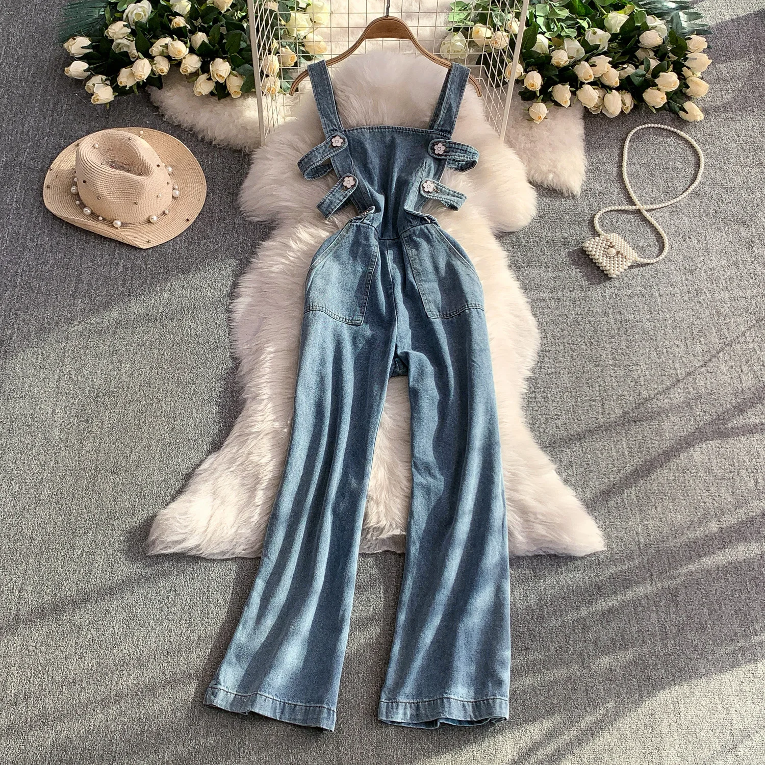 American Retro Flower Buckle Slip Jeans Women's High Waist Loose Cowboy Wide Leg Pants Chic Versatile Denim Jumpsuits Summer