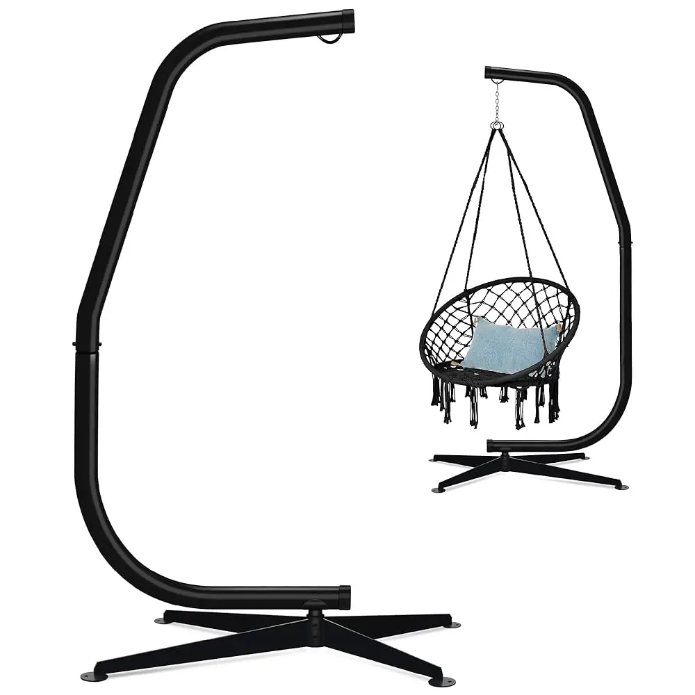 Metal Hanging Hammo C-Stand For Chair/Weather-Resistant Finish, Offset Base - Stand Only - Black