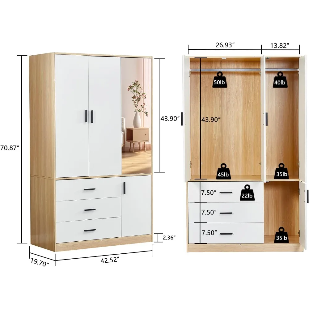 4 Wardrobes, White Wooden Bedroom Wardrobe Independent, Clothing Storage Cabinet, Bedroom Wardrobe with Hanging Pole Drawer