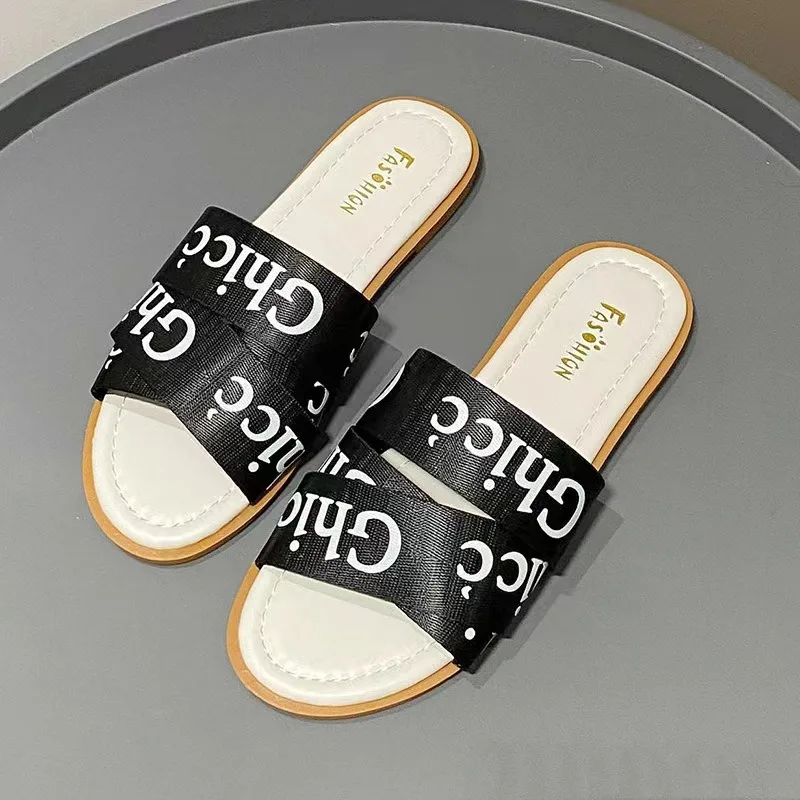 Women Low Heel Canvas Fabric Slippers House Shoes Designer Summer Footwear Luxury Flat Sandals Sale Beach Slides Bathroom Living