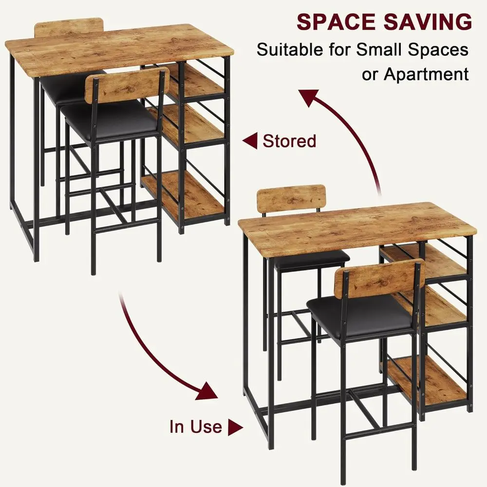 Table and Chair Set with Three Shelves Small 2-Person Dining Table with 2 Upholstered Stools with Backrests Suitable for Restaur