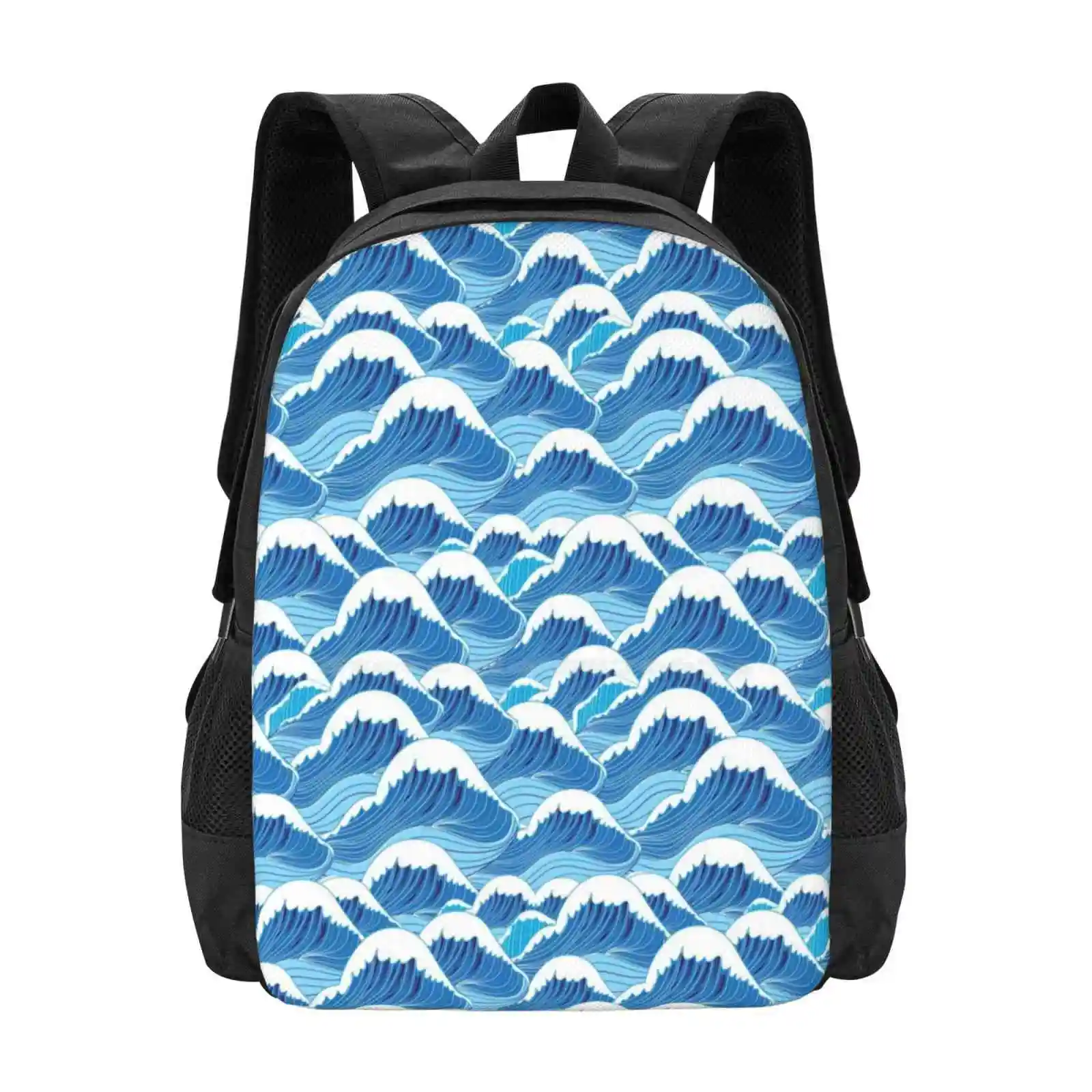 Sea Wave Pattern Hot Sale Schoolbag Backpack Fashion Bags Waves Blue Design Seamless Water Ocean Patterns Ornament