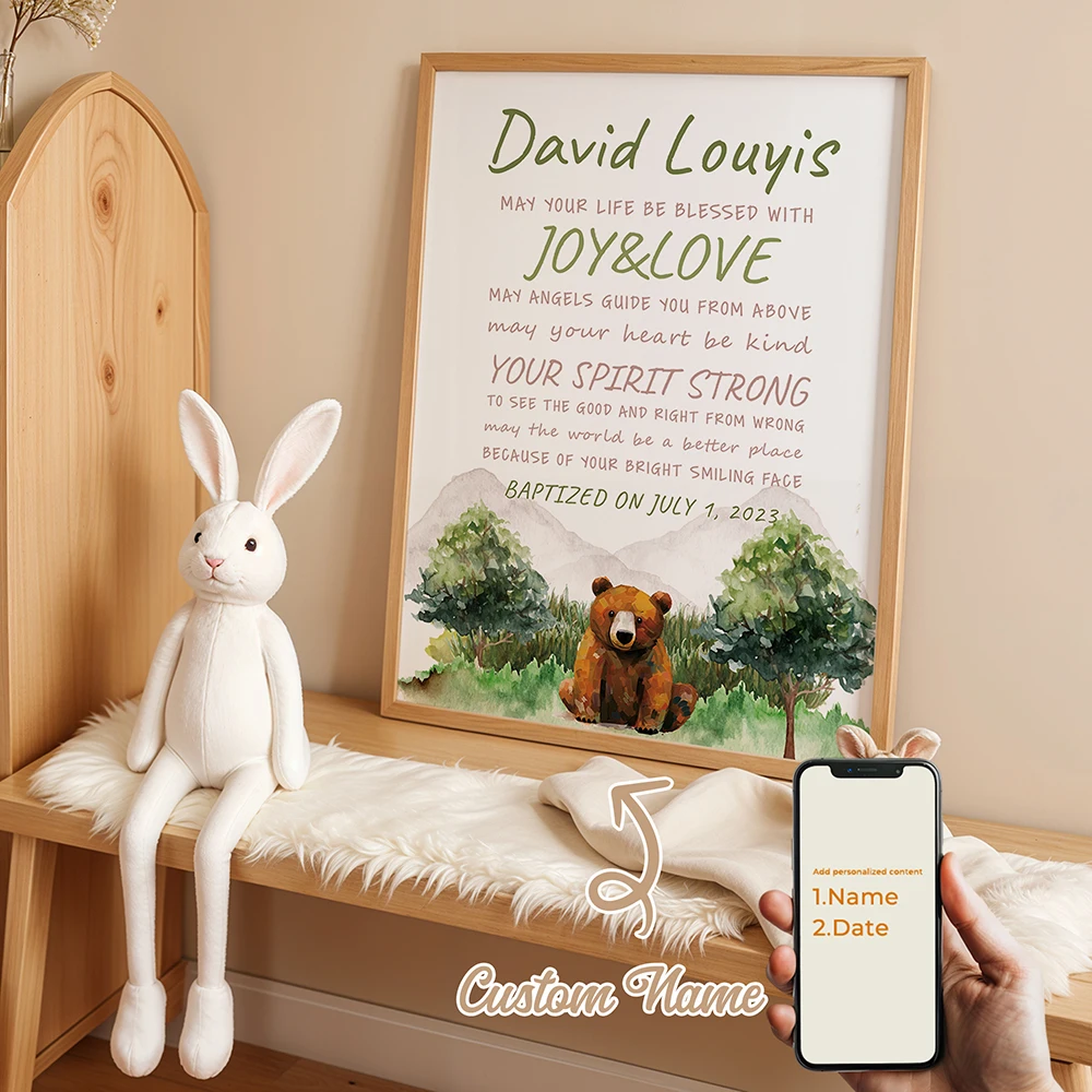 

Personalized Forest Bear Baptism Gifts Custom Wall Art Printmaking Canvas Painting Poster Picture Living Room Home Decoration