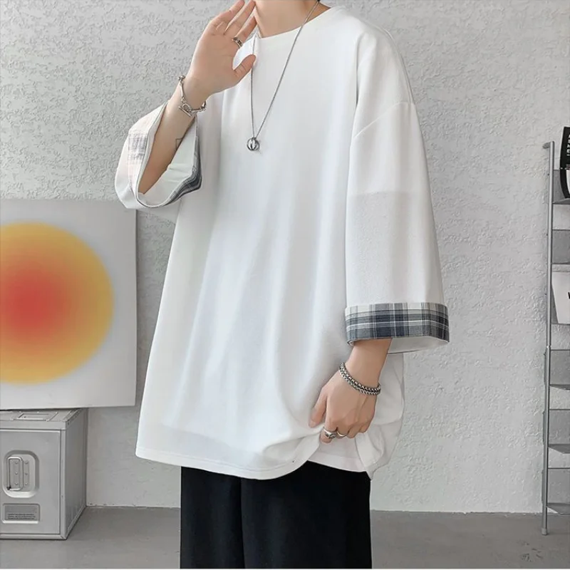 تي شيرت فضفاض مرقع منقوش غير رسمي ، نصف كم ، حرير جليدي صلب ، قمم بسيطة ، ملابس رجالية ، موضة الشوارع ، الاتجاه ، جديد ، الصيف