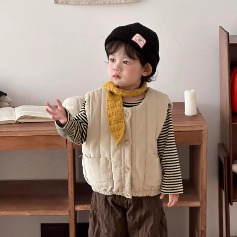 

2025 Winter New Baby Sleeveless Warm Vest Plus Velvet Thick Infant Boy Girl Cotton Padded Jacket Solid Toddler Vest Cardigan