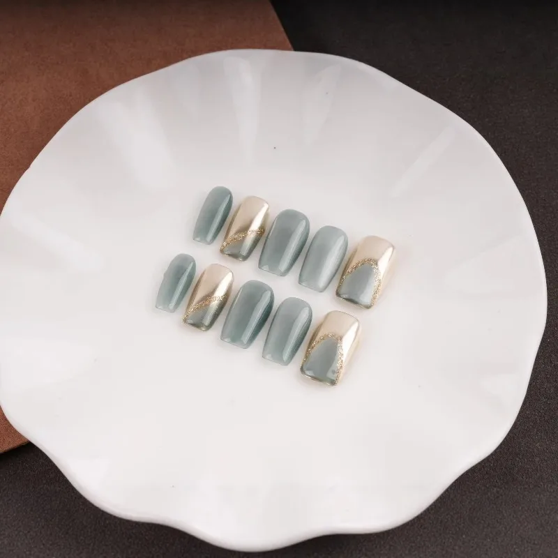 

10Pcs Handmade Nail Tips Spring/Summer Pastel Green Cat-Eye French Style Press-On High-Quality Nails—Perfect As A Gift for Girls