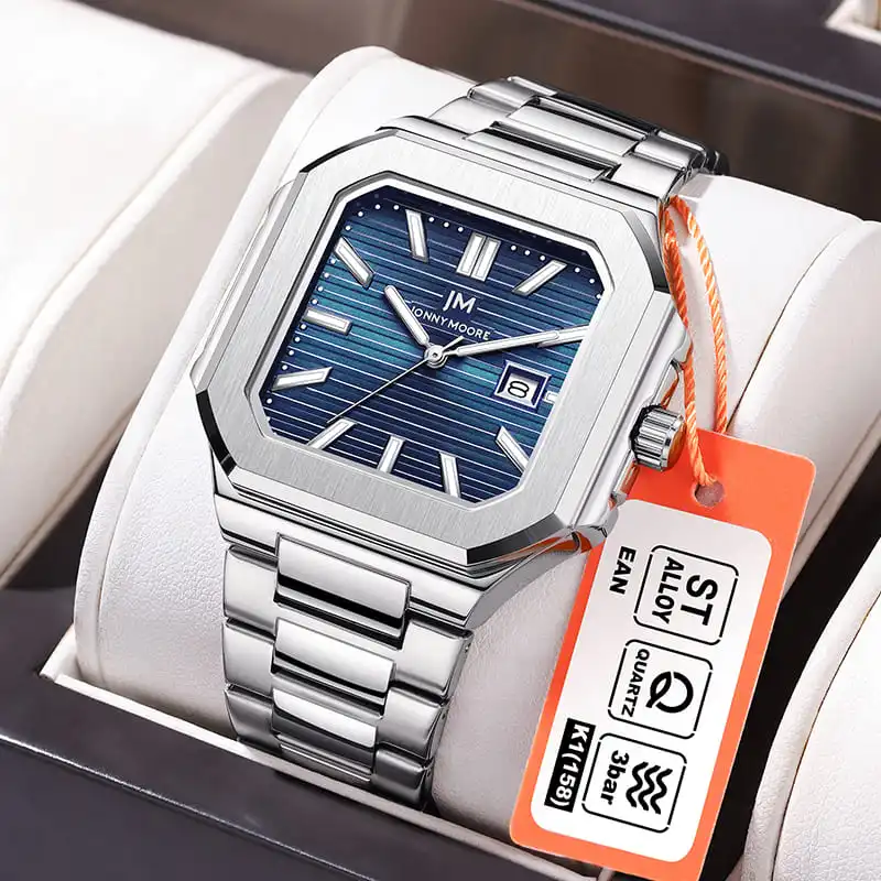 JONNY MOORE K1050 Fashion Luxury Steel Strip Quartz Watch Square Waterproof Calendar Diamond Luminous Watches for Men Hombre